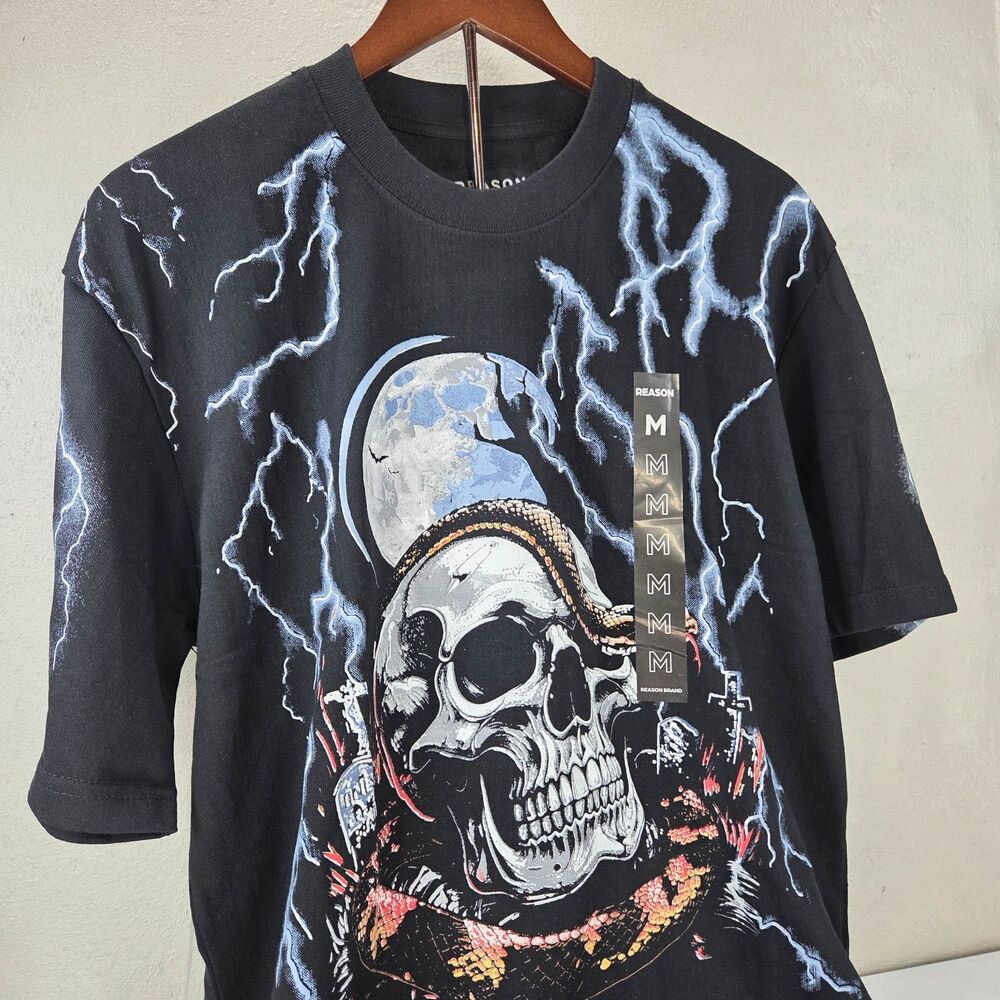 Reason Moon Lit Skull Snake Lightning Oversized Heavyweight Graphic Tee Sz M